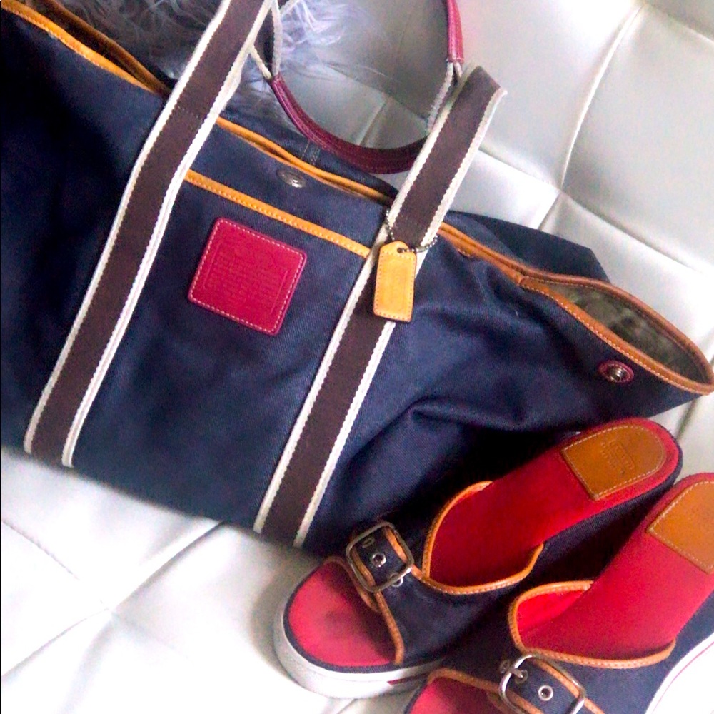 Denim Coach Tote and sneaker wedge